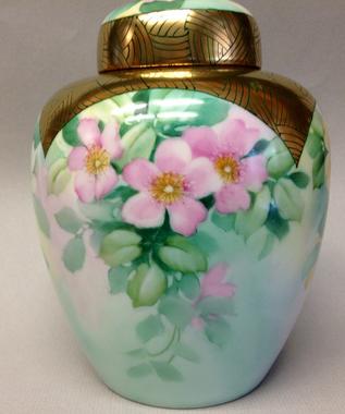 Original Design by Irene Graham Ginger Jar with 3 panels of Wild Roses, Roman gold and Pen work