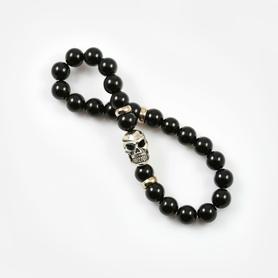 Nero Sterling Silver Skull Shiny Black Onyx Beaded Bracelet