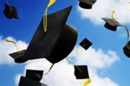 Picture of Graduation Caps Tossed into the air with a blue sky and white clouds in the background