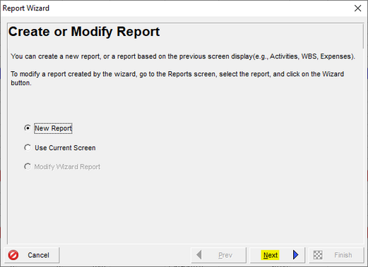 Use Primavera P6 report wizard to create or modify