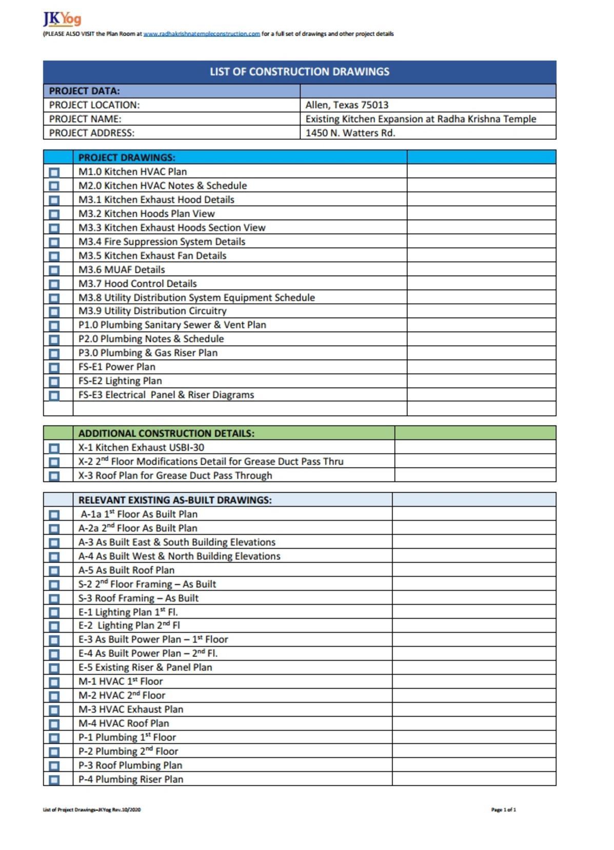 List of Project Construction Drawings Plan Room