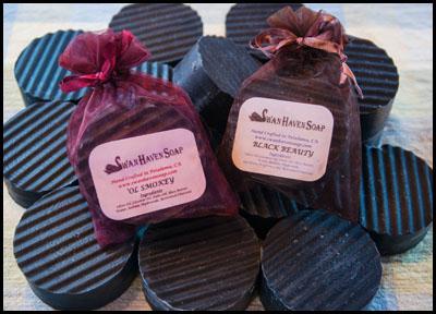 Swan Haven Soap near Petaluma CA makes all natural hand-crafted soaps and bath products including Ol' Smokey and Black Beauty Activated Charcoal soaps