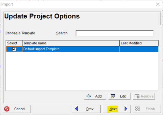 Use default template in Primavera P6 for update project options