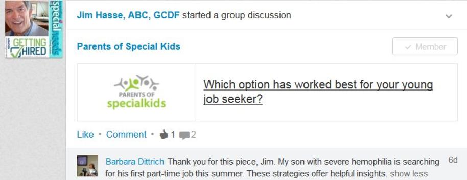 LinkedIn group member's comments about how Jim Hasse article helped her son.