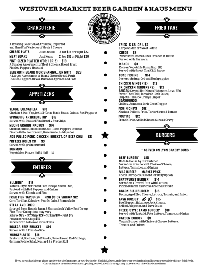 Westover Market & Beer Garden Menu