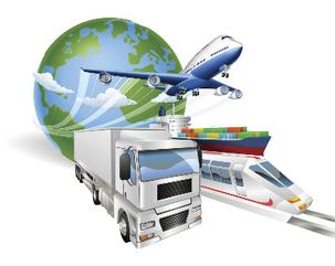 Image of the earth globe with a plane taking off, a large silver cargo truck, a cargo ship and a commuter train - all depicting transportation around the globe.
