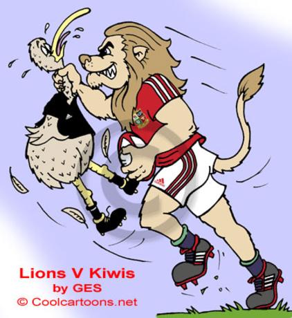 Lion and kiwi cartoon rugby players