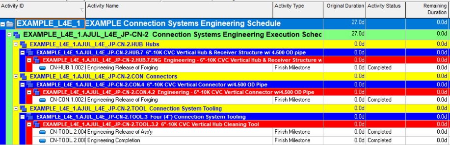 Primavera P6 project schedule shows filter criteria and conditions