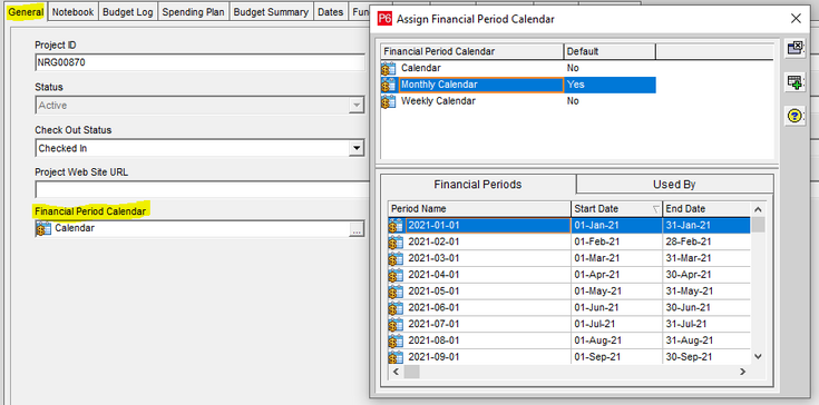 Primavera P6 version 20.12 financial period calendars