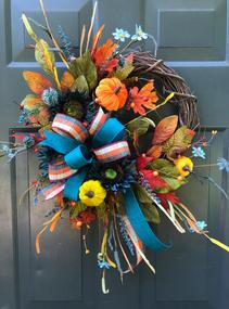 Fall Autumn Wreath Blue Sunflowers Pumpkins