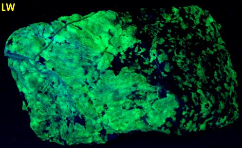 SW LW UV fluorescent WILLEMITE, FRANKLINITE, ZINCITE, Franklin Mine, Franklin, Franklin Mining District, Sussex County, New Jersey, USA