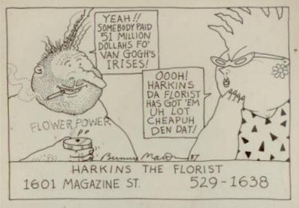 A hand-drawn cartoon of Vic and Nat'ly discussing how harkins' irises are sold for cheaper than Van Gogh's painting