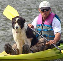 Geese Police of Western Pennsylvania PA Man with boarder collie in kayak chasing canada geese