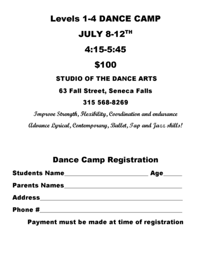 2024 Levels 1 - 4 Summer Dance Camp