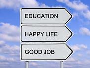 Picture of road sign arrows. There are three arrows pointed to the right, one on top of the other, captioned, "Education", "Happy Life", "Good Job"
