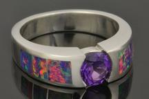 Lab opal ring with amethyst in sterling silver by Hileman.