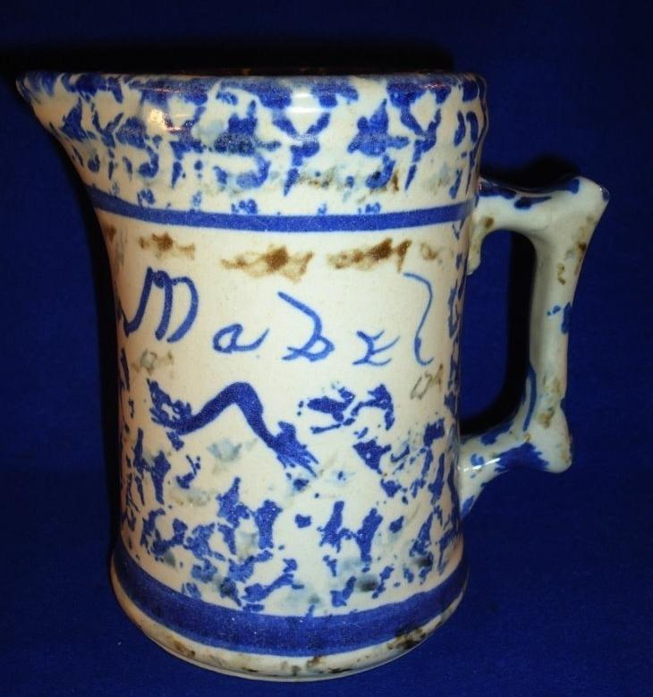 Late 19th Century Blue and White Spongeware Stoneware Hot Water