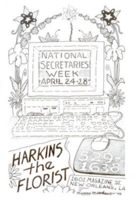 A hand-drawn cartoon of a computer surrounding by flowers, reading "National Secretaries Week" and the dates