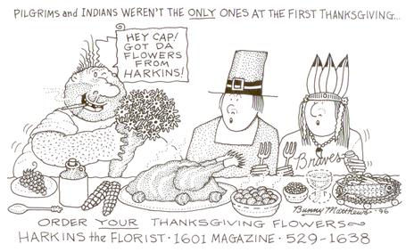 A hand-drawn cartoon of Vic at the first Thanksgiving with flowers from harkins