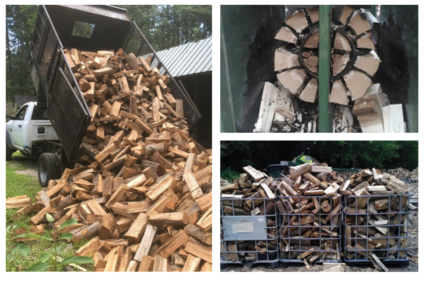 Truck dumping firewood for delivery, firewood being split by a machine, and firewood for pick-up in bins outside