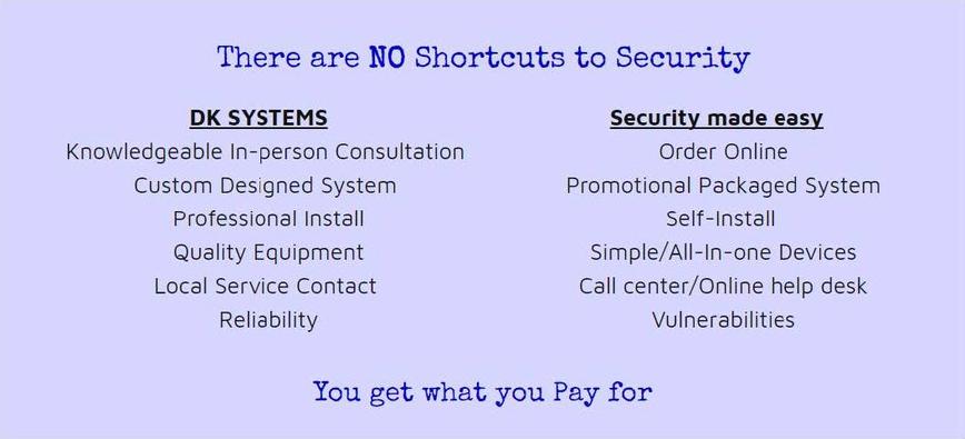 There are No shortcuts to Security: DK SYSTEMS: Knowledgeable In-person Consultation, Custom Designed System, Professional Install, Quality Equipment, Local Service Contact, Reliability Security made easy: order online, promotional packaged system, self-install, simple/all-in-one devices, call center/online help desk, vulnerabilities You get what you pay for