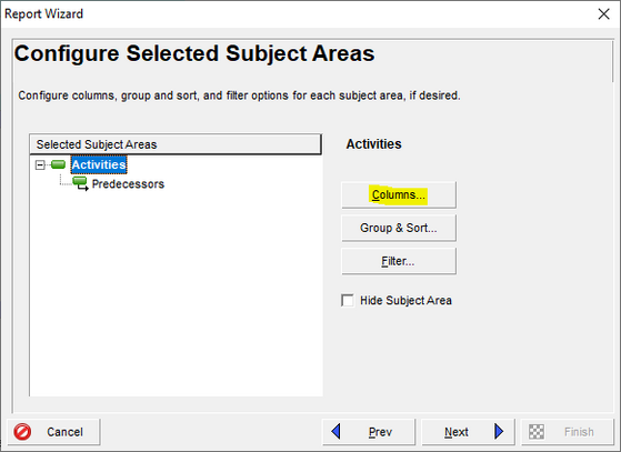 Configure selected subject areas in Primavera P6 report wizard