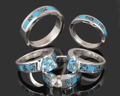 Spiderweb turquoise engagement rings and wedding ring set