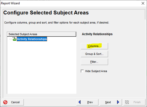 Select columns in Primavera P6 report wizard