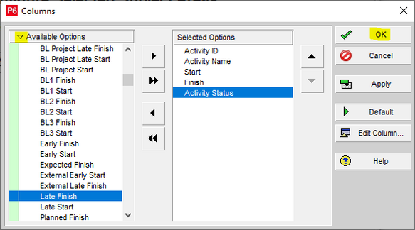 Choose Primavera P6 columns in report wizard