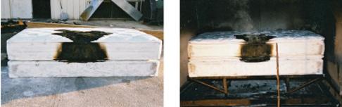 Two Mattresses after fire test with SpunGold Barriers - little fire impact