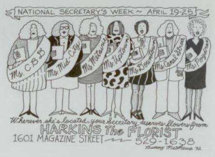A hand-drawn cartoon of women lined up with sashes stating the locality they are from and that they all deserve flowers