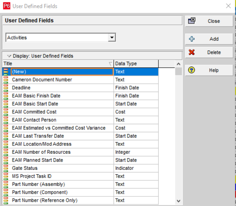 User defined fields Primavera P6 dialog box options