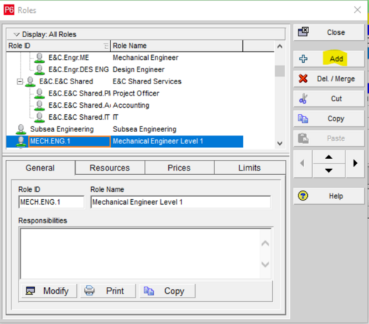 Select and set Primavera P6 role names and functions