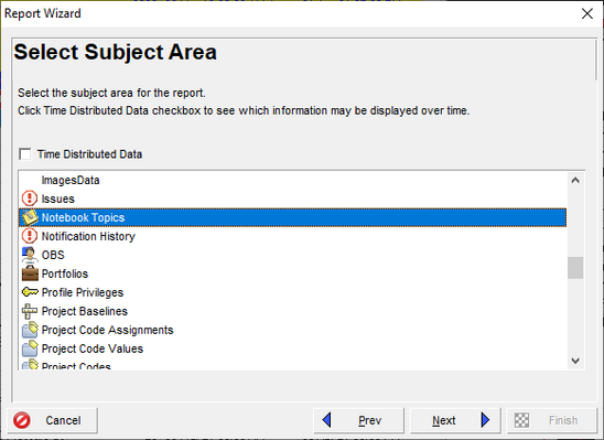 Select subject area Primavera P6 dialog box