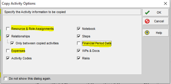 Primavera P6 copy activity options and uncheck financial period data