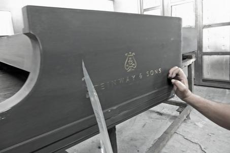 Steinways concert piano being refinished and new Steinway and sons decal