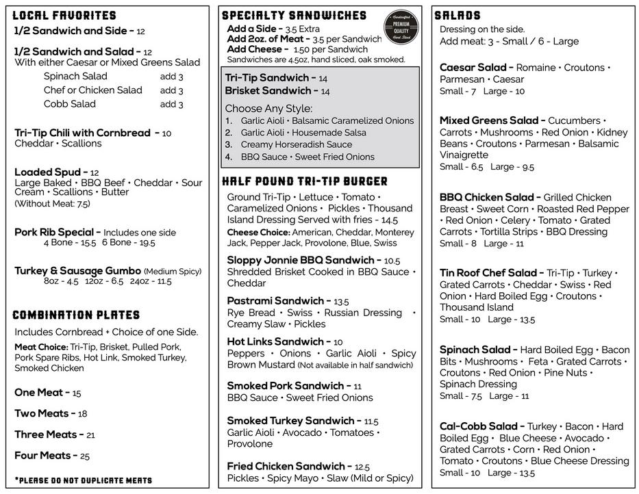 Tin Roof BBQ Lunch Menu