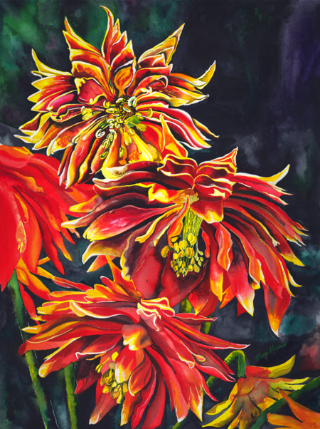 Red Dahlias, Dahlias, Tracy Harris Watercolors, Flowers, Limited Edition - Original Art