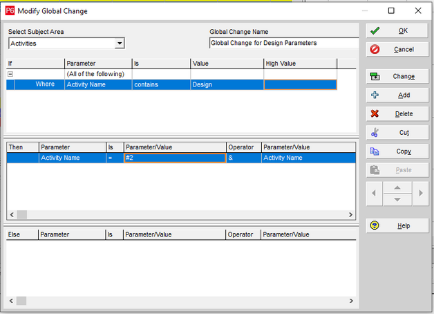 Add parameter value in Primavera P6 global change