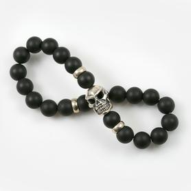 Neron Sterling Silver Skull Matte Black Onyx Beaded Bracelet