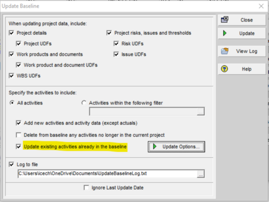 Update existing activities in Primavera P6 baseline