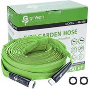 Green Flat Garden Hose 50 ft Flexible Lightweight with 3/4" GHT Metal