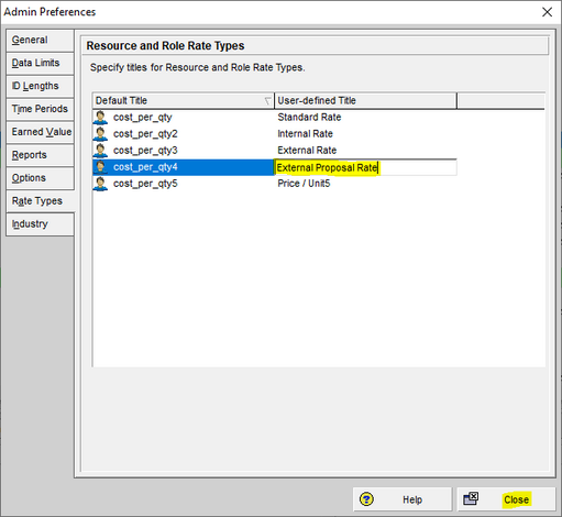 Change rate types in Primavera P6 admin preferences