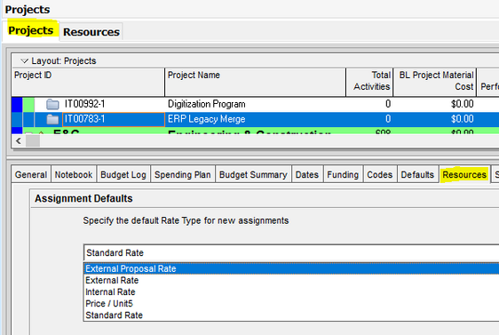 Assign Primavera P6 rate types to default