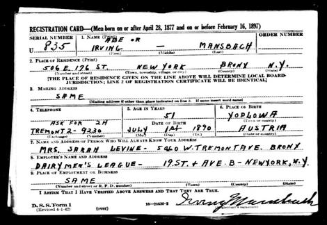 Irving Mansbach Registration Card