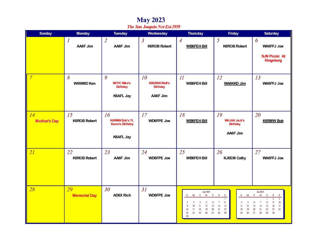 San Joaquin HF Net 3918 kHz Calendars