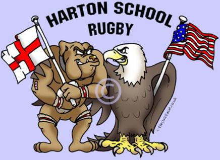 cartoon animal rugby players English bulldog and American bald eagle for school tour T shirts