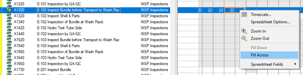 Use fill-down feature horizontally and vertically in Primavera P6 20.12