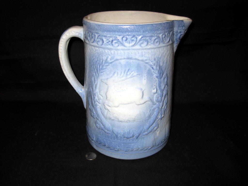 Blue and White Spongeware Stoneware Hot Water Pitcher with Stripes