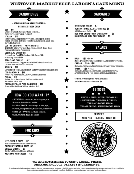Westover Market & Beer Garden Menu